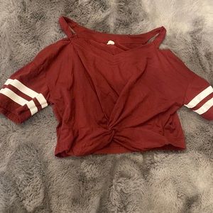 Strapless/strapped burgundy red with white stripes sleeves